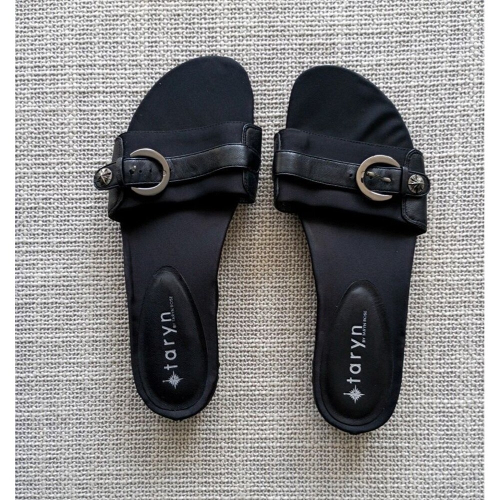 TARYN by TARYN ROSE Fabric & Black Leather Sandals Slides with Buckles Size 8